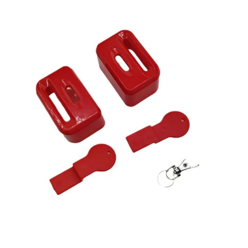Seat belt buckle protective device in plastic ABS material shown in black and red colour options
