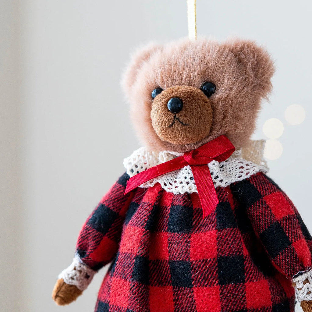 Plush bear doll in cotton suit with plaid design, 30 cm tall, available as princess bear or gentleman bear