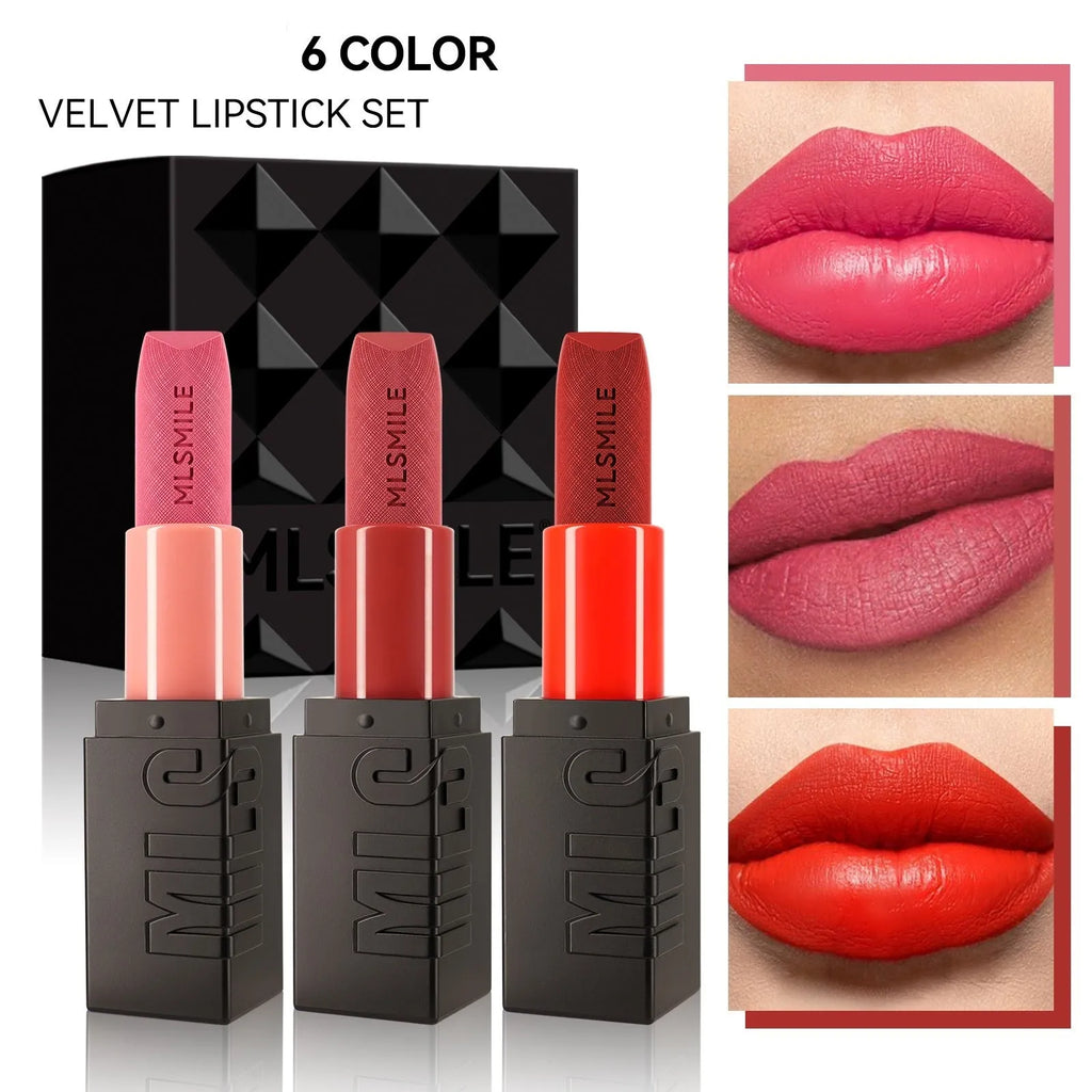 MLSMILE embossed lipstick three-piece set in box showing three 3.6g lipsticks with natural moisturising formula