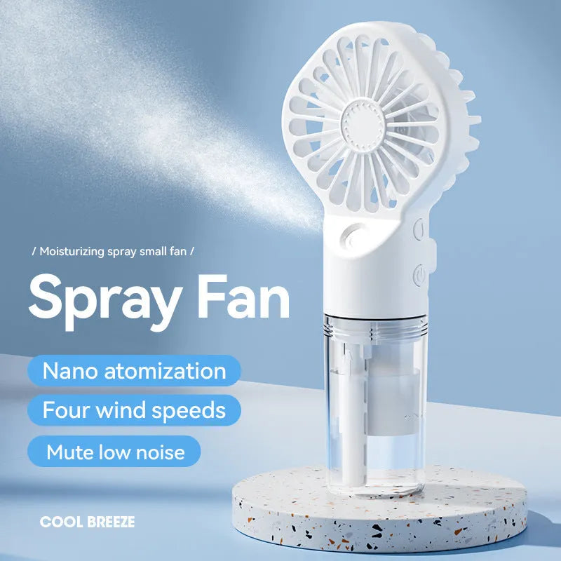 Handheld portable mist fan in various colours with transparent water tank and control button.