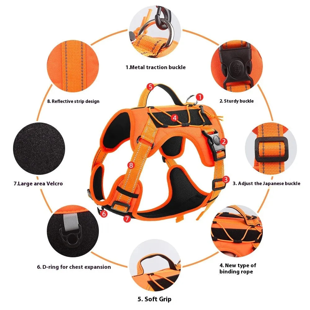 Reflective dog vest in orange with explosion-proof breast strap and hand-holding rope, adjustable for various dog sizes