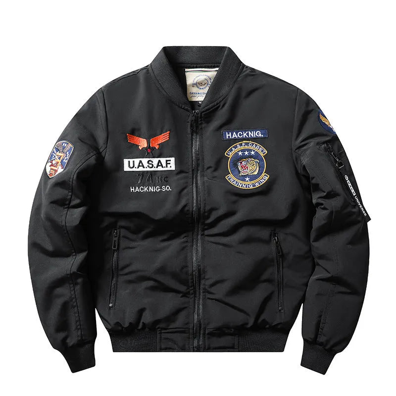 Slim-fit stand collar motorcycle coat with retro embroidery detailing on chest, showing patch pockets and cotton-padded construction