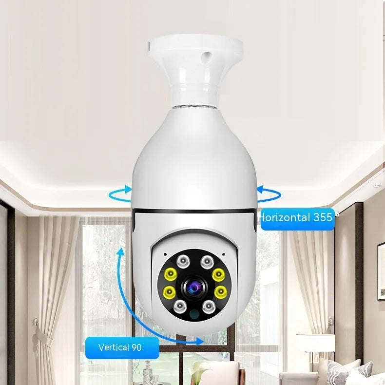 Compact bulb security camera with 5cm x 12cm dimensions showing lens and wifi connectivity for 1080p monitoring