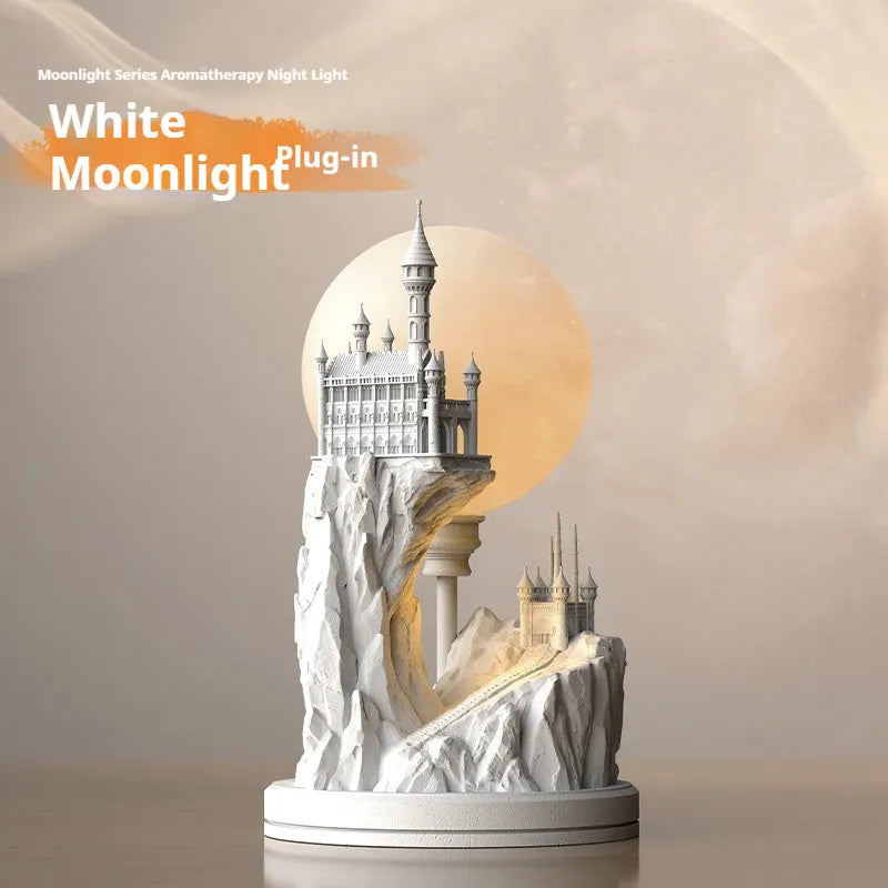 White composite gypsum table lamp with a plug-in cord and wire switch, shown on a bedside table.