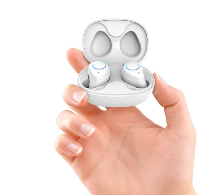 M18 true wireless stereo earphones in black or white with compact charging case