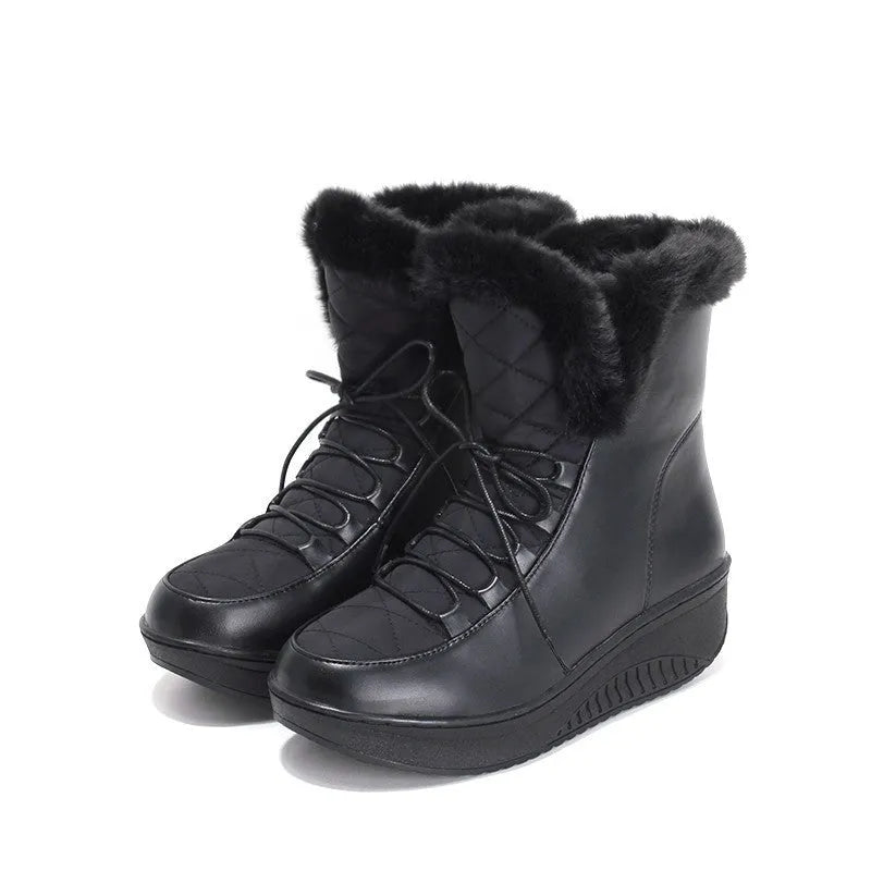 Women's black winter boots with 3cm platform, lace-up closure, and water-resistant PU leather construction