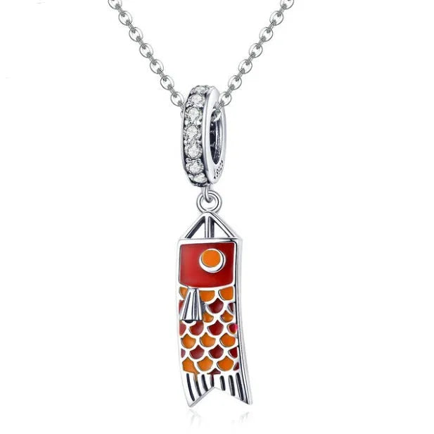 S925 sterling silver carp streamer fish pendant necklace with oxidised finish and zircon details