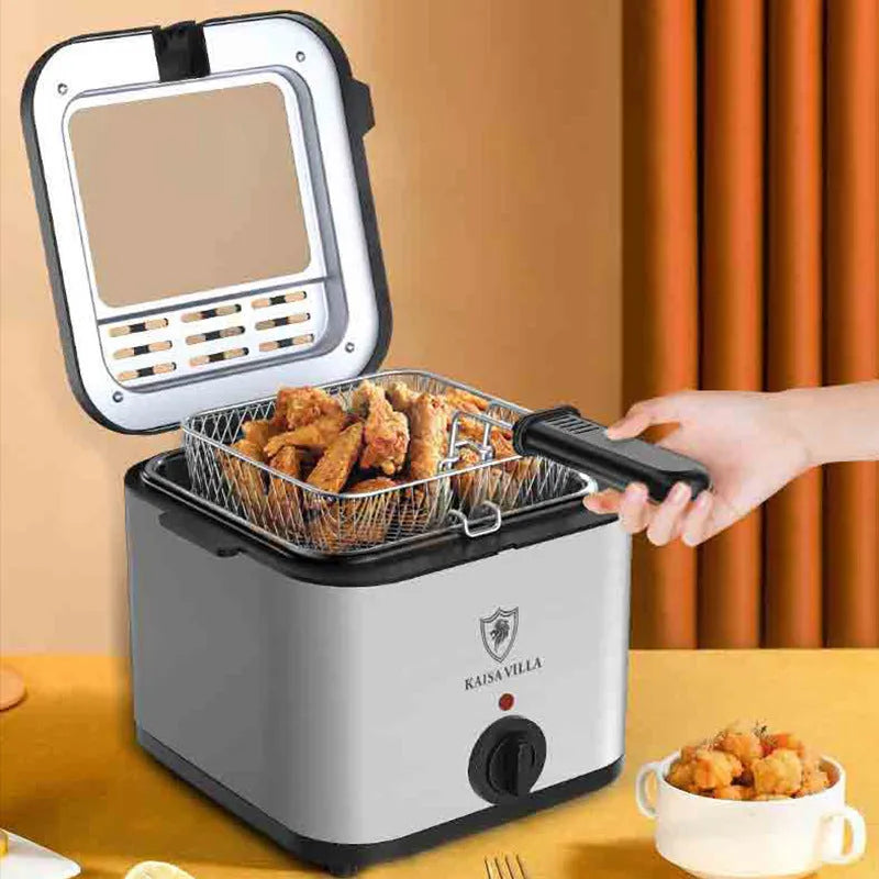 Silver electric air fryer with stainless steel fryer basket showing UK plug