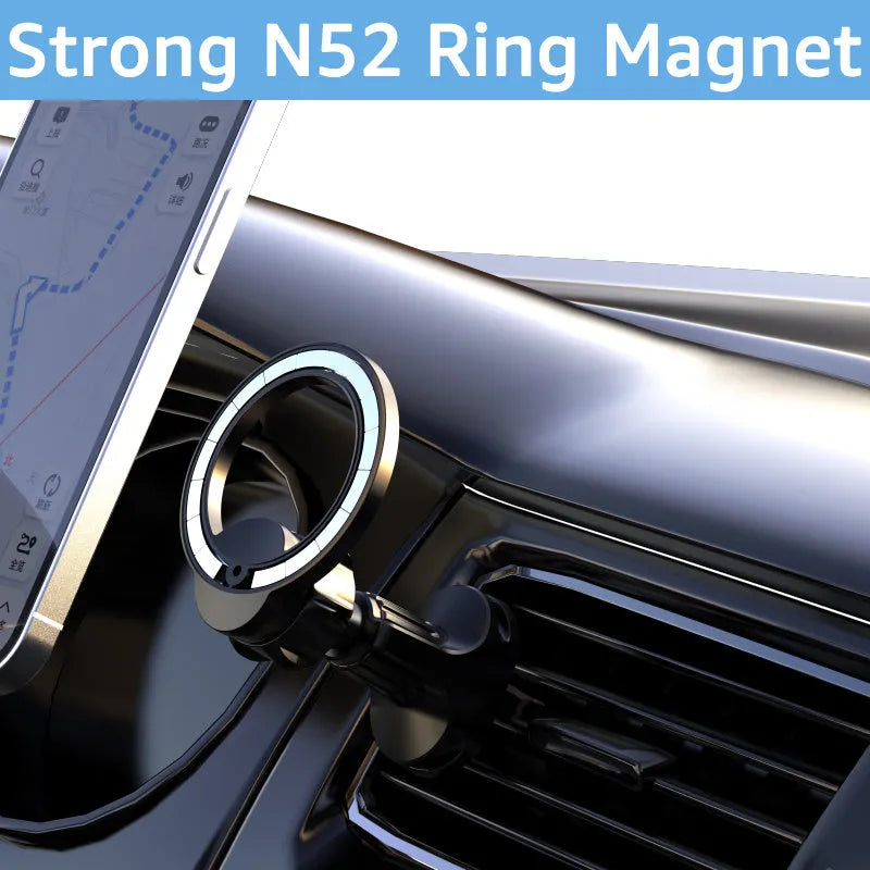 Black magnetic car phone holder attached to vehicle air vent with O-ring bracket design