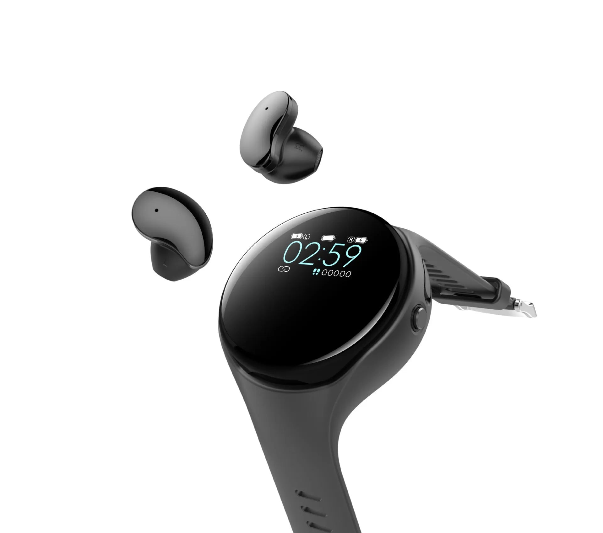 Black Bluetooth headset with detachable smart bracelet showing colour screen, earbuds, and charging cable