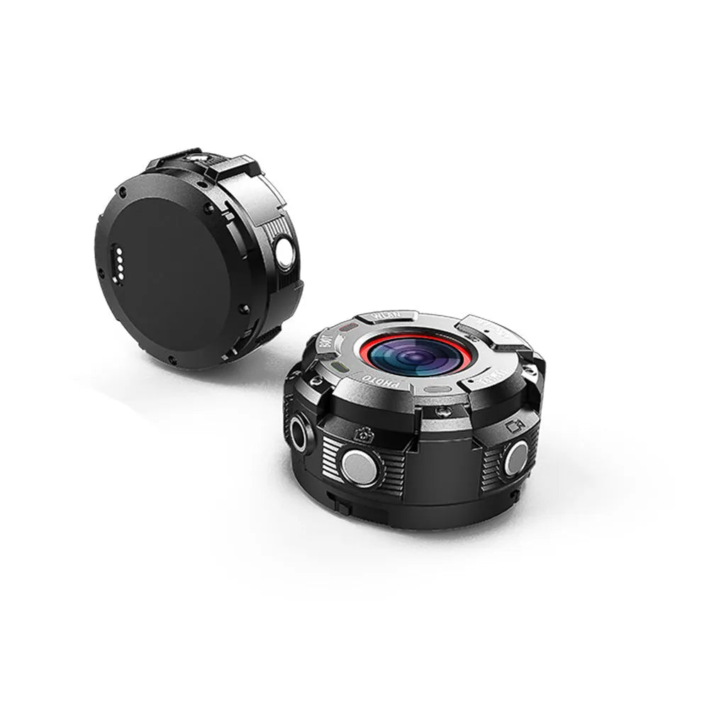 Black waterproof sports digital camera with compact design shown next to an SD card.