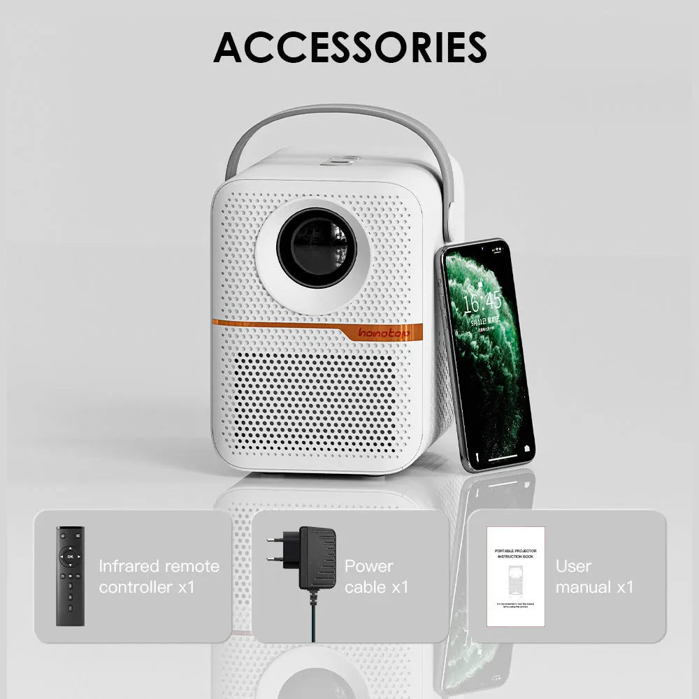 P10 portable Android LCD projector in black or white, showing a 720p display for home cinema.