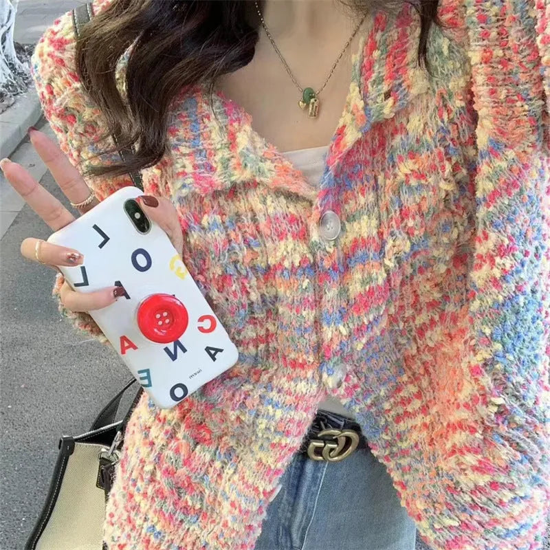 Retro gentle idle style knitted rainbow sweater in pink ice cream colour with slim fit design and medium thickness