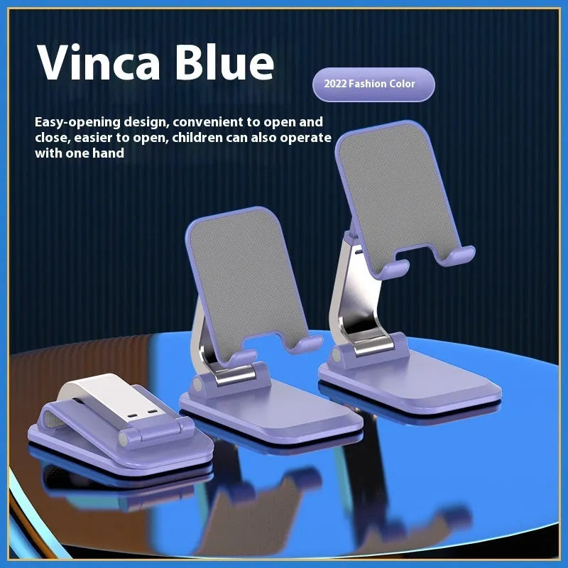 Folding portable mobile phone desktop stand in four colour options showing ABS and aluminum construction