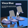 Folding portable mobile phone desktop stand in four colour options showing ABS and aluminum construction