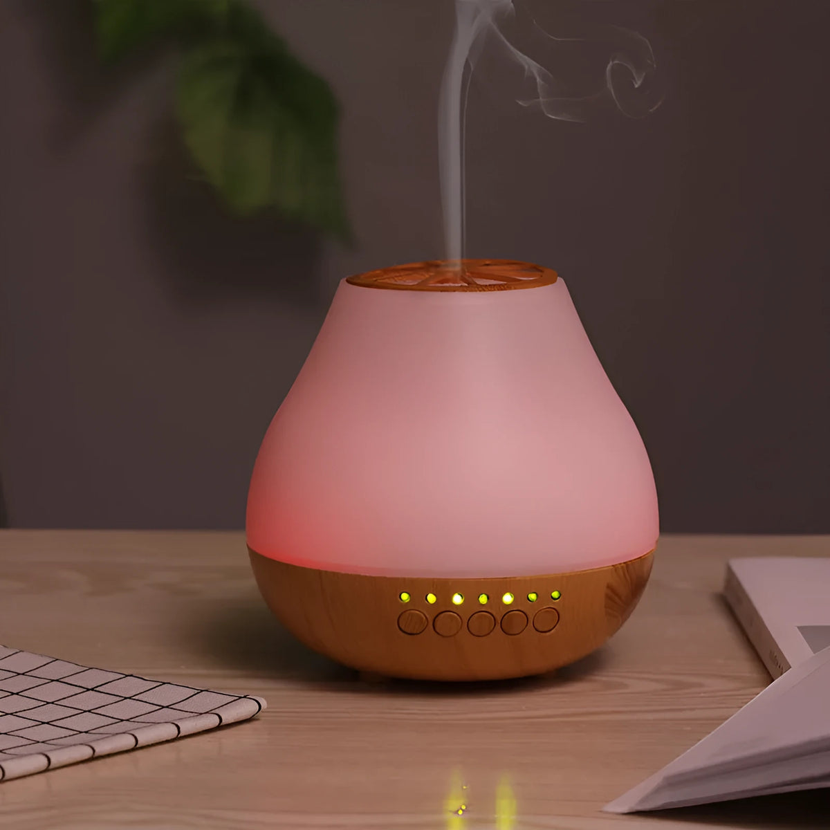 Wood grain USB aroma diffuser with colourful LED lights and essential oil bottle