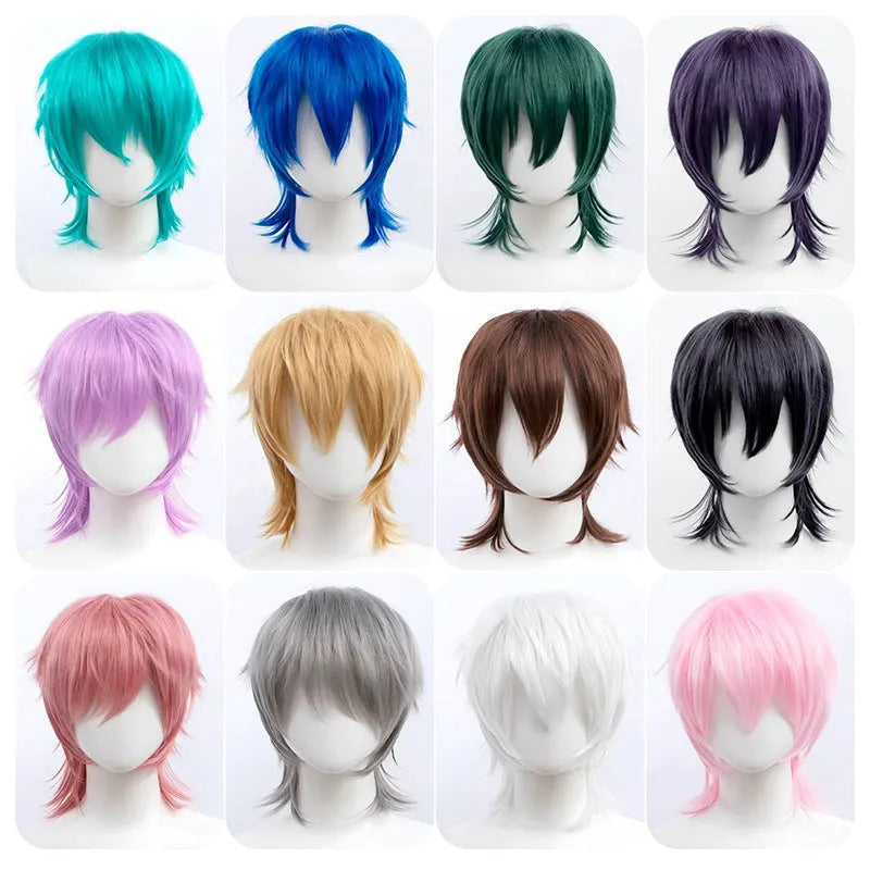 Short black anime-style cosplay wig for men on a stand