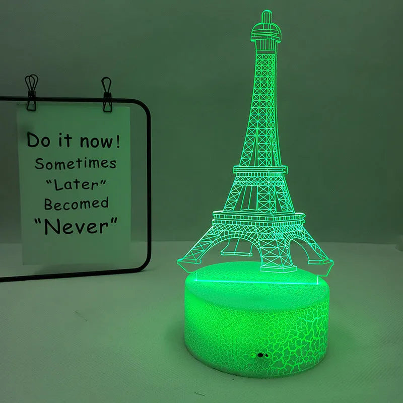 Seven colour Eiffel Tower silhouette 3D visual acrylic table lamp with touch control.