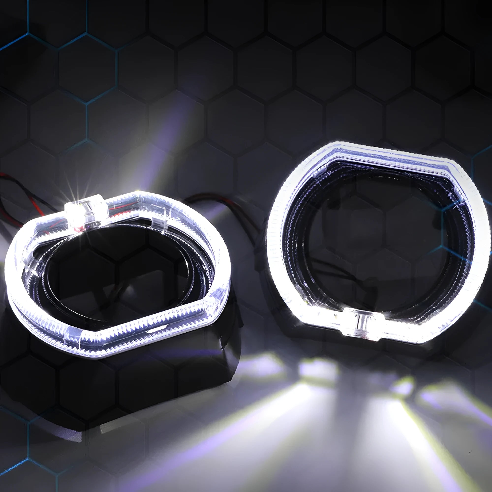 Black and silver polymer angel eye car headlight cover with multi-colour LED options