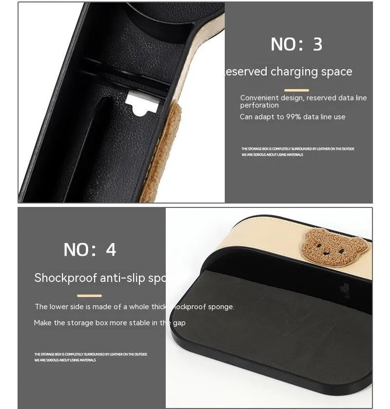 Leather car seat gap storage box with cartoon bear design for organising small items in vehicle