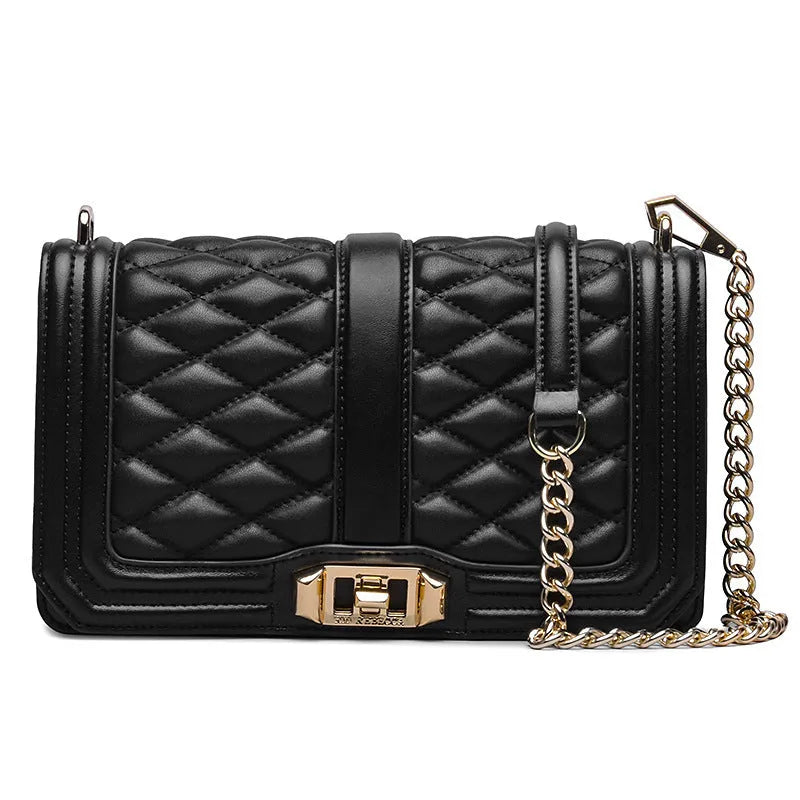 Women's rhombic chain shoulder bag in first layer cowhide with plaid pattern, cover type opening and cotton lining