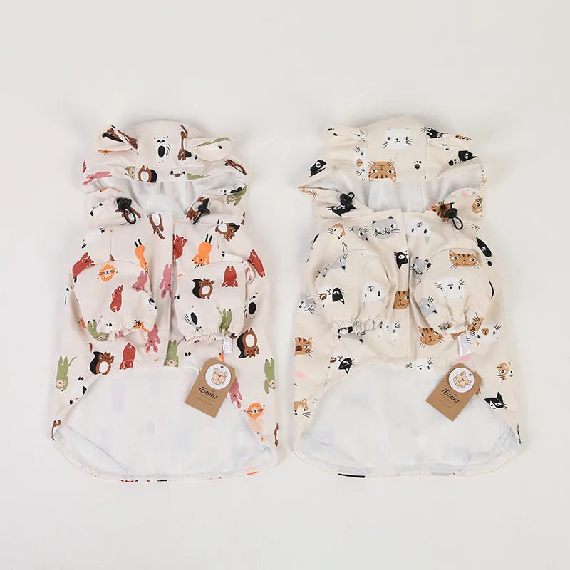 Beige cartoon dog raincoat with waterproof coating in cat head design