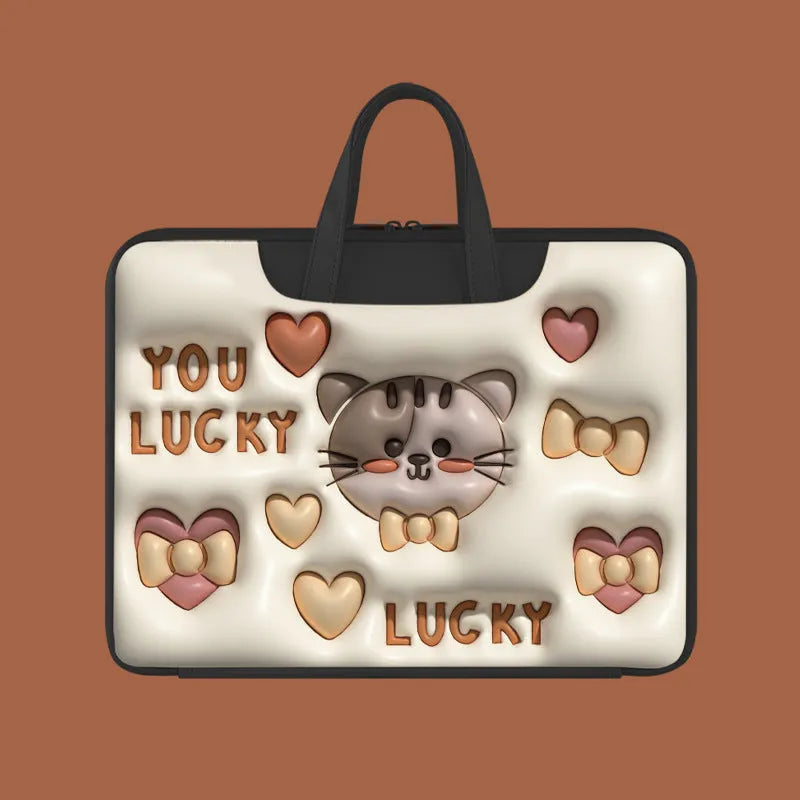 Inflatable laptop bag with hanging loop in PU leather showing cat beige design