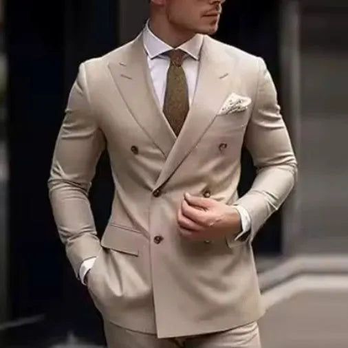 Men's Korean slim fit two-piece suit with structured jacket, available in multiple colours including navy blue and olive green