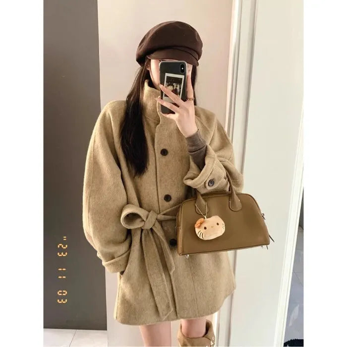 Short woolen coat women Korean casual button front khaki black S to 2XL 50cm length