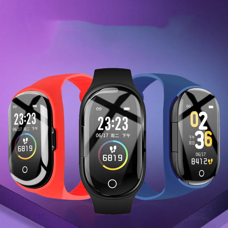 Smart bracelet earphone combo with 1-inch screen and silicone wristband in blue, black, or red colours
