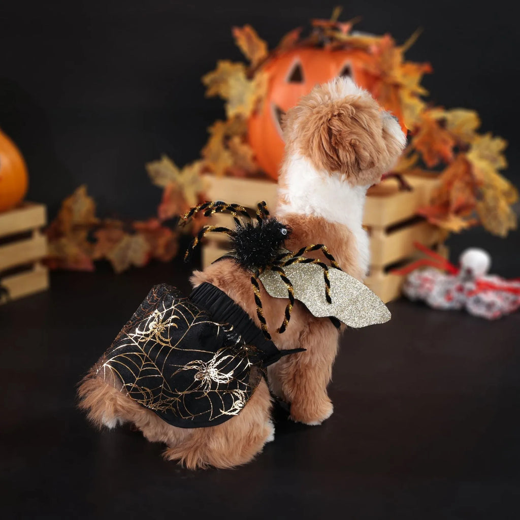 Polyester Halloween dog suit in a full-body design, available in sizes S, M, L, and XL for various dog breeds.