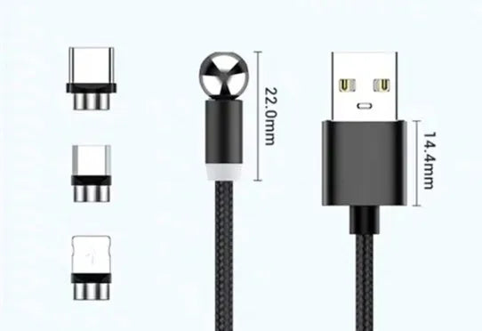 Black spherical magnetic charging cable with LED light showing aluminium alloy connector