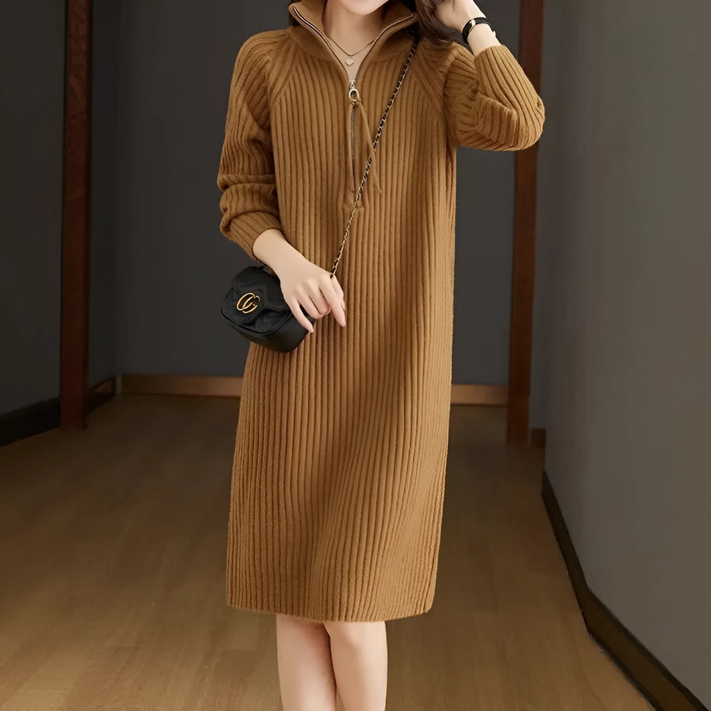 Beige casual women's skirt with a half zip on the stand collar and loose straight fit.