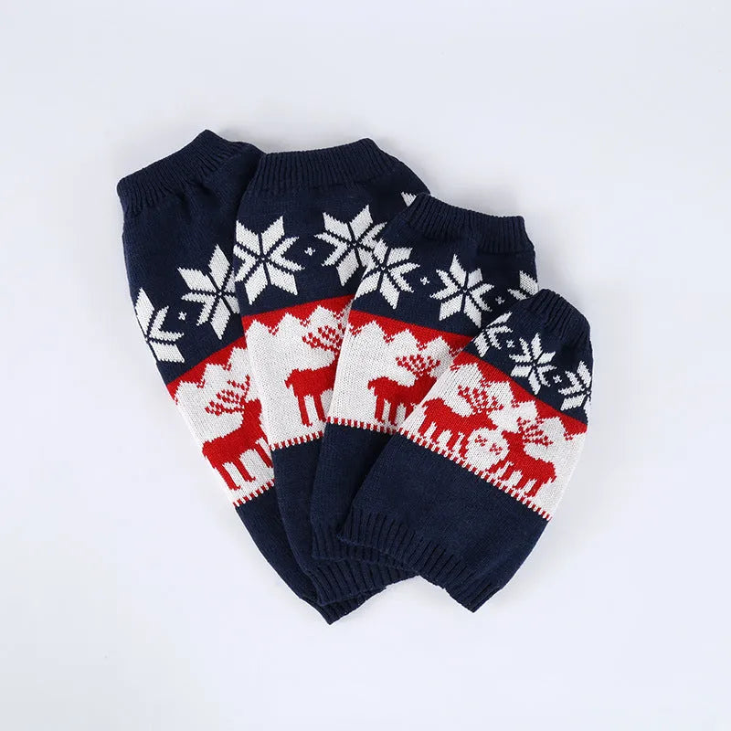 Navy blue knitted dog sweater with Christmas design, sizes XS to L, made from acrylic material.