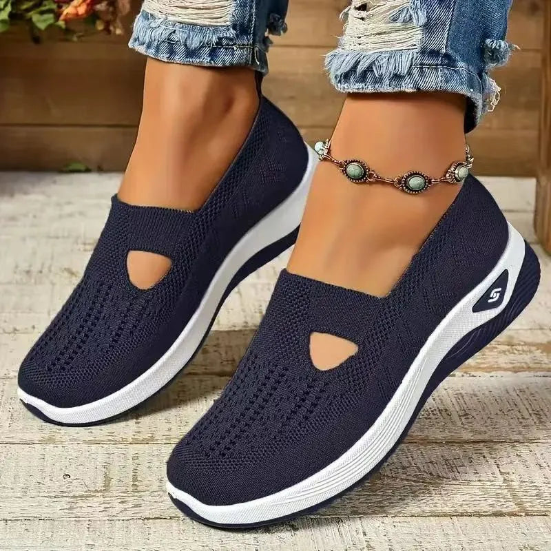 Women's soft sole casual mesh shoes in multiple colours with T-strap and flat heel design