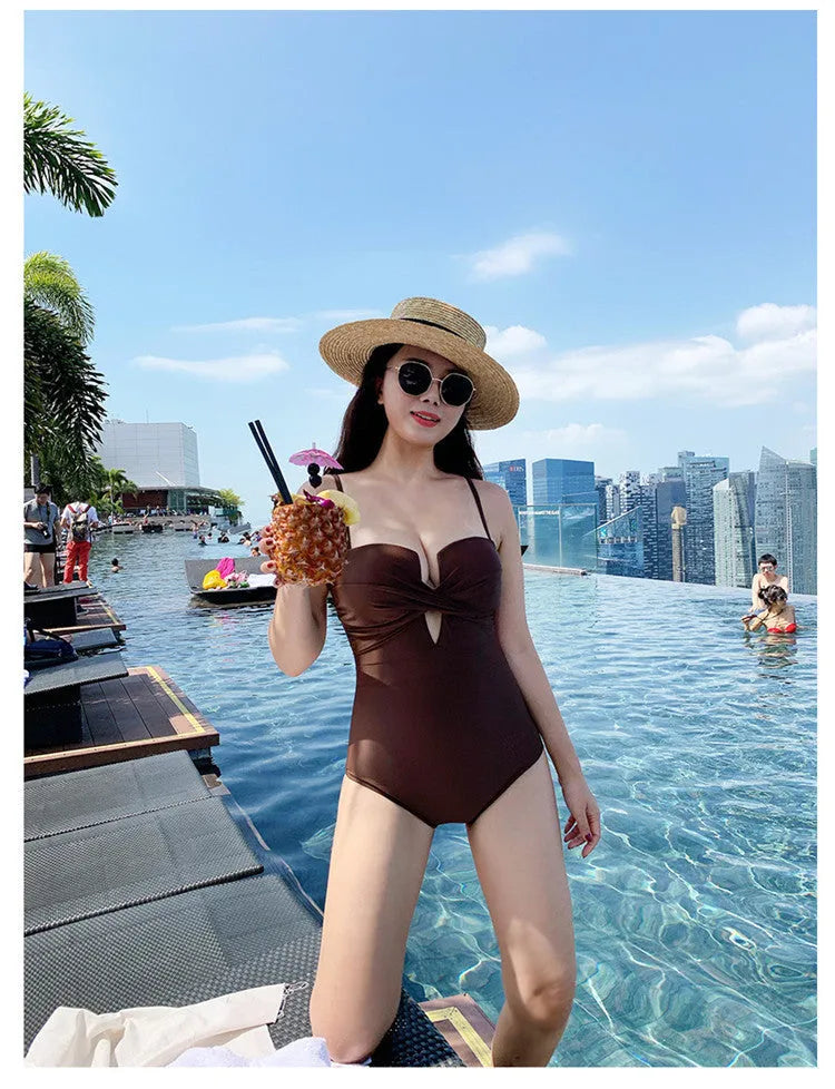 Ins Style women's solid colour one-piece swimsuit with push-up design and spaghetti straps