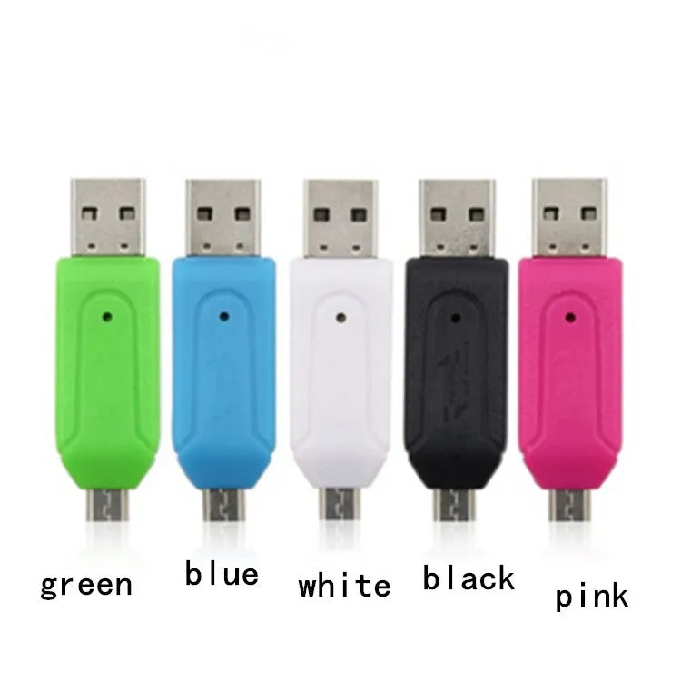 OTG dual-purpose card reader in white, pink, green, blue, or black with USB 2.0 and micro USB interfaces for SD and TF memory cards