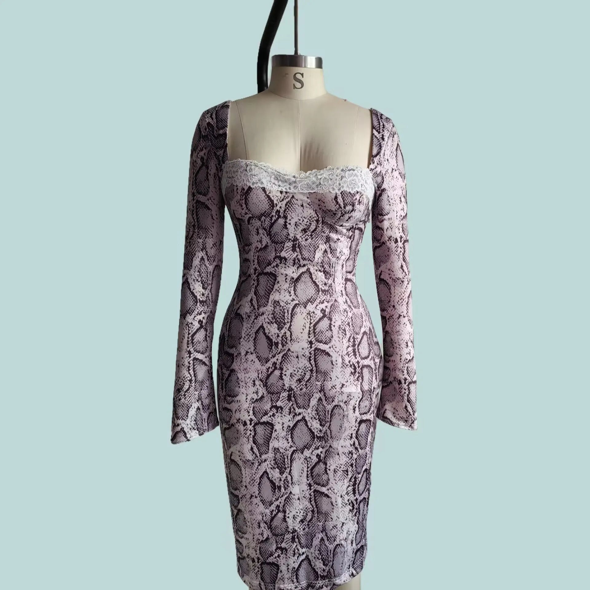 Grey digital printed lace dress with 3D pattern, A-line skirt, and long sleeves in slim fit