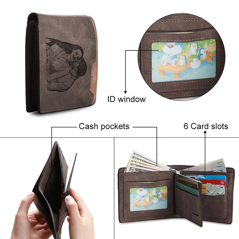 Coffee-coloured engraved horizontal short wallet with personalised text, showing 120mm width and 25mm depth