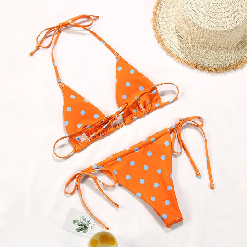 Women's polka dot split swimsuit bikini with triangle top and briefs in multiple pattern options