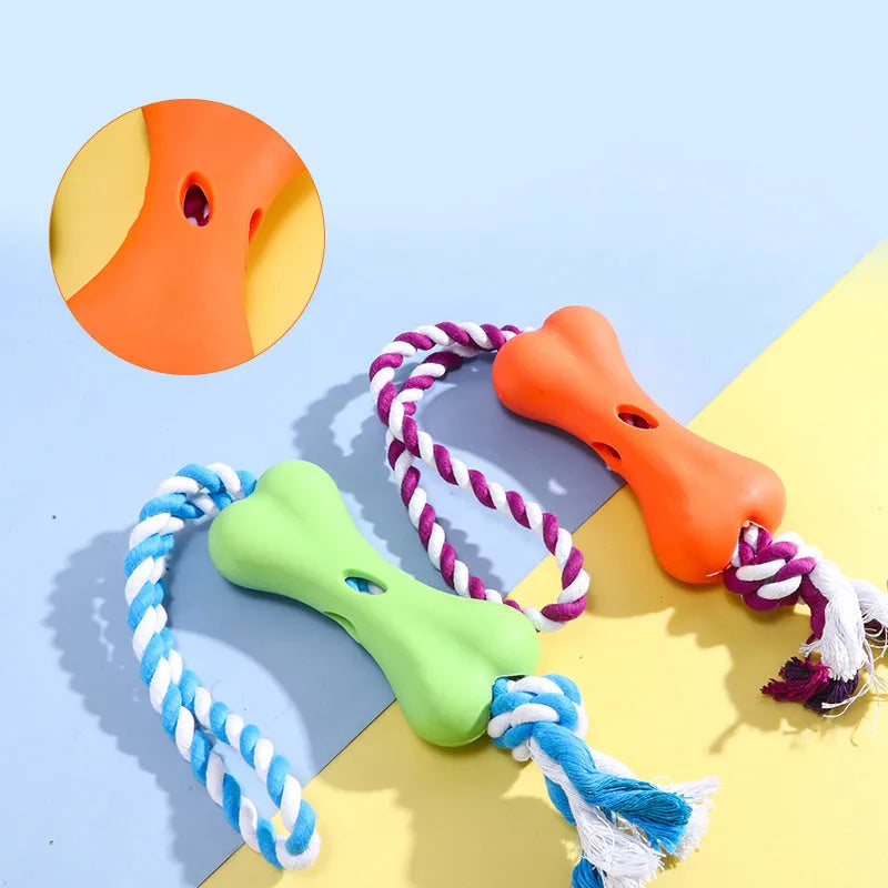 Green porous bone-shaped dog toy with rope knot texture for treat stuffing and teeth cleaning