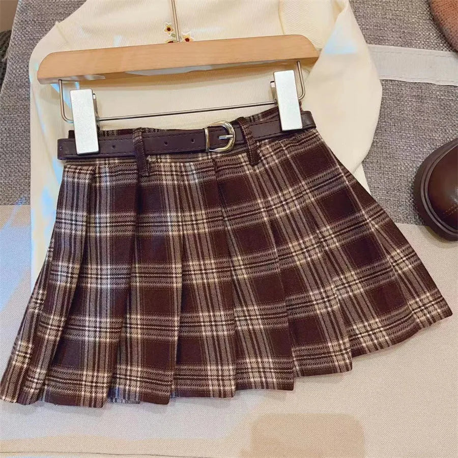 Children's plaid pleated skirt in cotton blend fabric with A-line design for heights 90cm to 140cm