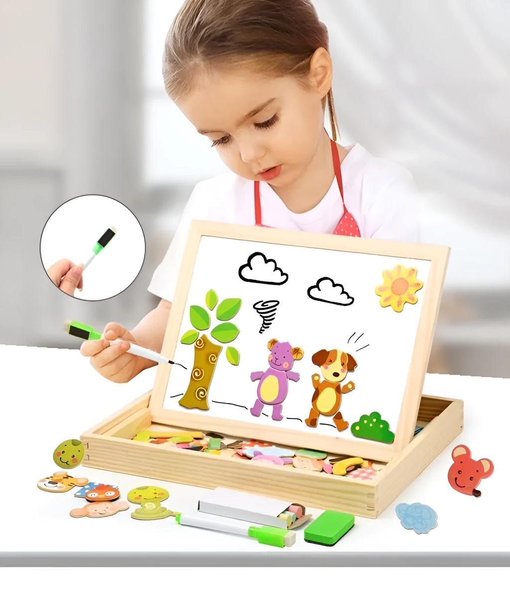 Wooden magnetic puzzle toy set with drawing board featuring animal circus and traffic designs