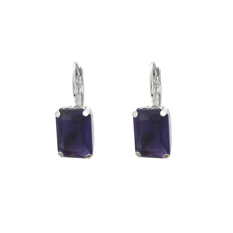 Women's square crystal earrings with copper frame in purple, red and yellow colours