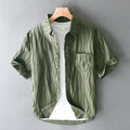 Men's apricot pure cotton short sleeve shirt with loose Japanese style and washing water finish