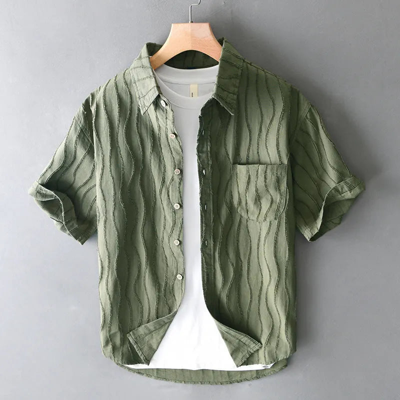 Men's apricot pure cotton short sleeve shirt with loose Japanese style and washing water finish