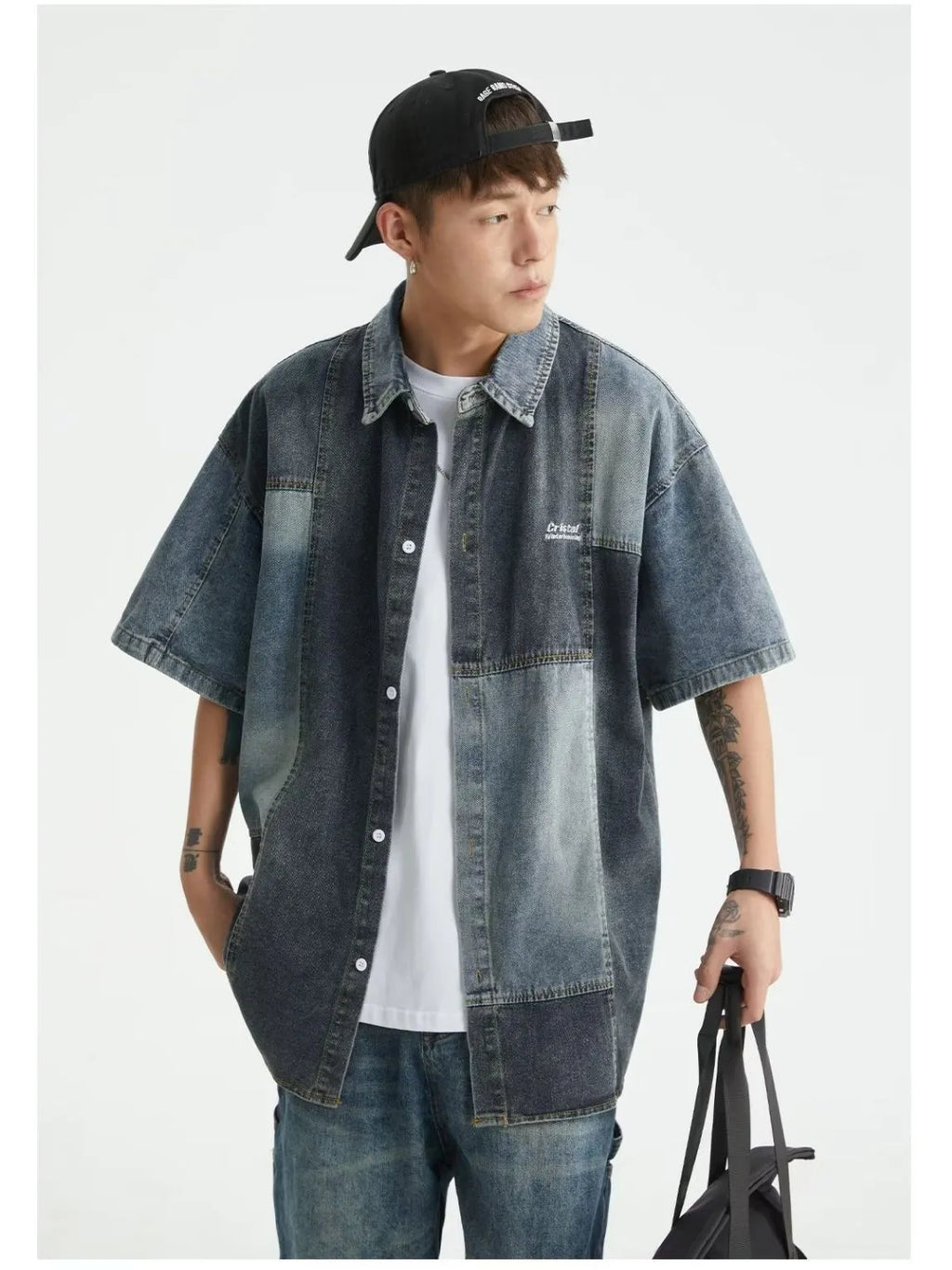 Men's blue loose-fit denim shirt with retro washed finish and cardigan style.
