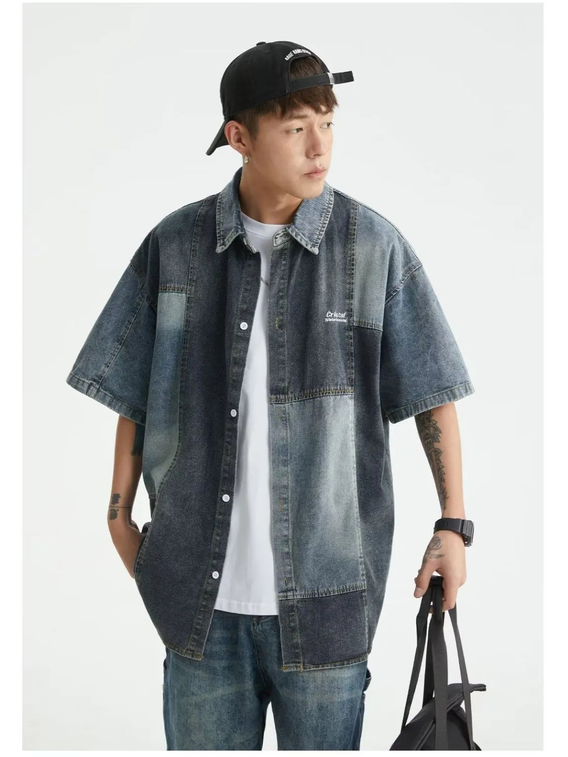 Men's blue loose-fit denim shirt with retro washed finish and cardigan style.