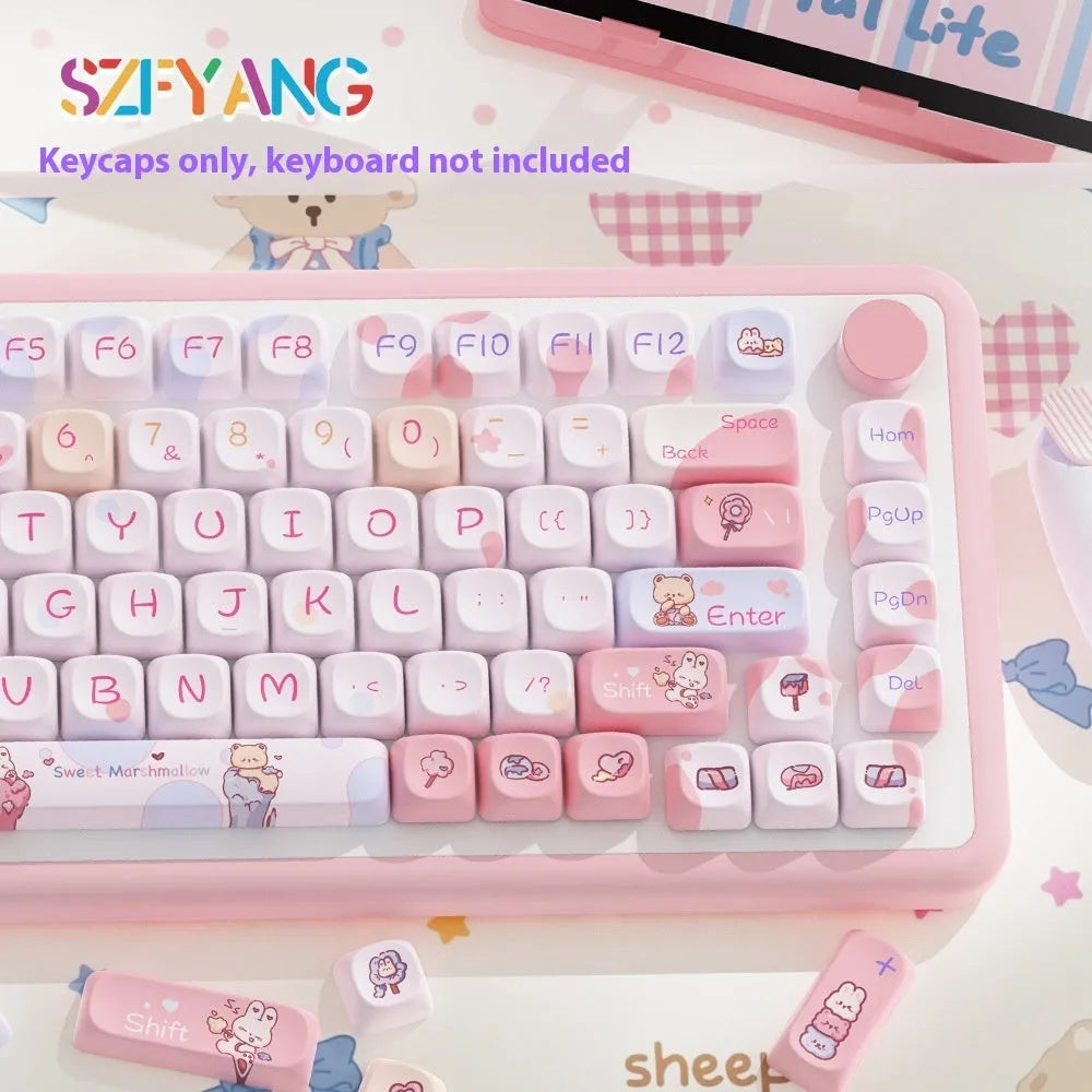 Sweet Cotton Candy key cap set for mechanical keyboards with 112 or 120 key options, dimensions 23cm x 19cm x 3cm