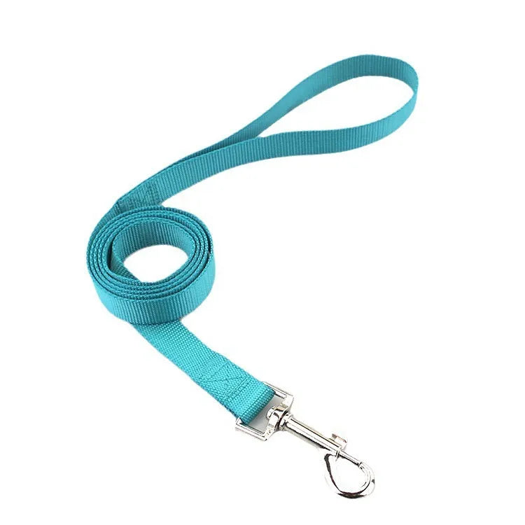 Solid colour dog hand holding rope showing 120cm length with hand loop and width options from 1.0cm to 2.5cm in twelve colour choices